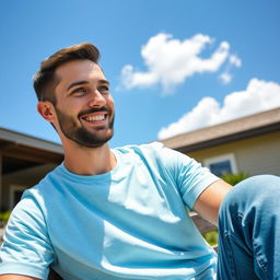 A 30-year-old friendly man sits outdoors on a sunny day, wearing a light blue t-shirt