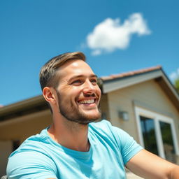 A 30-year-old friendly man sits outdoors on a sunny day, wearing a light blue t-shirt