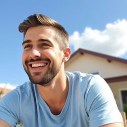 A 30-year-old friendly man sits outdoors on a sunny day, wearing a light blue t-shirt