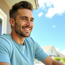 A 30-year-old friendly man sits outdoors on a sunny day, wearing a light blue t-shirt