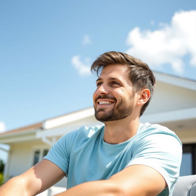 A 30-year-old friendly man sits outdoors on a sunny day, wearing a light blue t-shirt