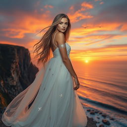 An ethereal woman with long flowing hair stands atop a cliff overlooking a serene ocean at sunset