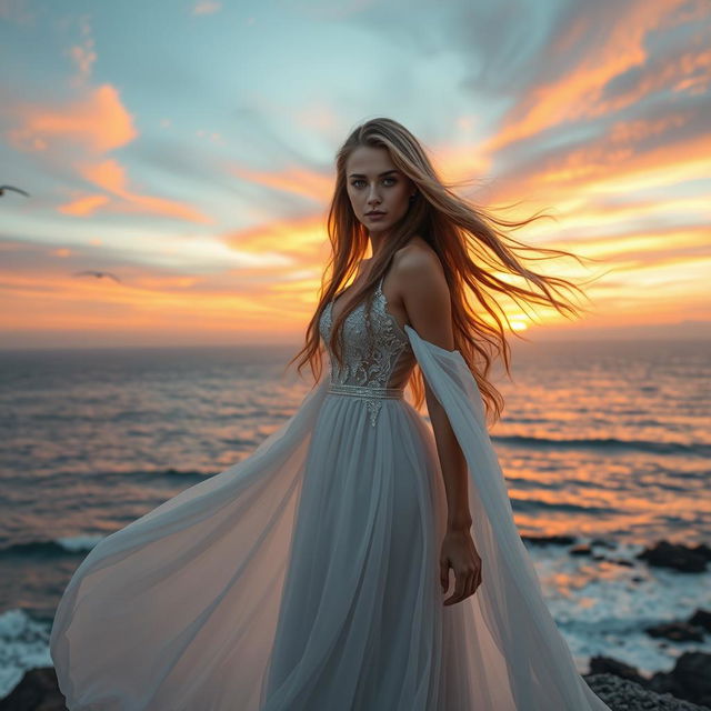 An ethereal woman with long flowing hair stands atop a cliff overlooking a serene ocean at sunset