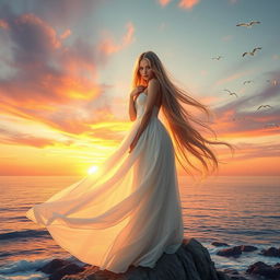 An ethereal woman with long flowing hair stands atop a cliff overlooking a serene ocean at sunset