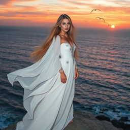 An ethereal woman with long flowing hair stands atop a cliff overlooking a serene ocean at sunset