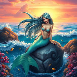 A beautiful mermaid with long flowing hair sitting on a rock by the sea, surrounded by colorful coral reefs