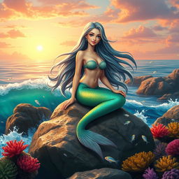 A beautiful mermaid with long flowing hair sitting on a rock by the sea, surrounded by colorful coral reefs