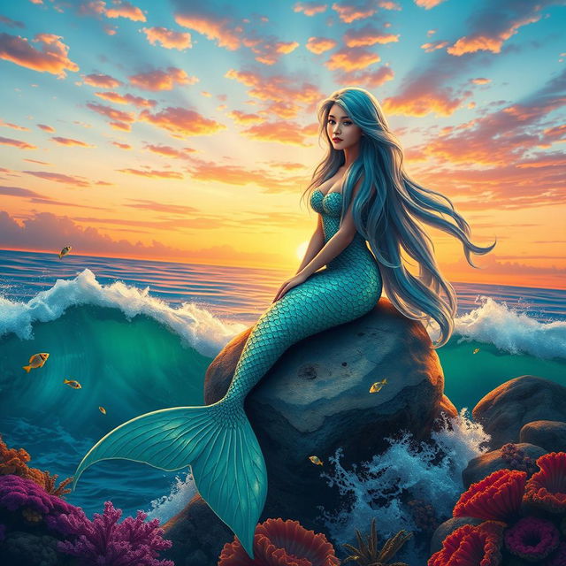 A beautiful mermaid with long flowing hair sitting on a rock by the sea, surrounded by colorful coral reefs