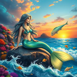 A beautiful mermaid with long flowing hair sitting on a rock by the sea, surrounded by colorful coral reefs