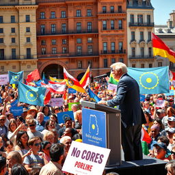 A stunning political rally scene featuring a diverse crowd of supporters holding vibrant banners and flags, with a charismatic politician passionately addressing the audience from a raised podium