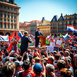 A stunning political rally scene featuring a diverse crowd of supporters holding vibrant banners and flags, with a charismatic politician passionately addressing the audience from a raised podium