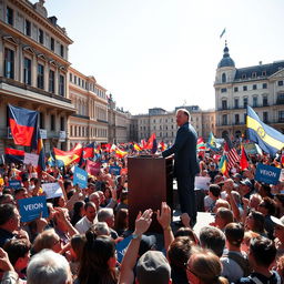 A stunning political rally scene featuring a diverse crowd of supporters holding vibrant banners and flags, with a charismatic politician passionately addressing the audience from a raised podium