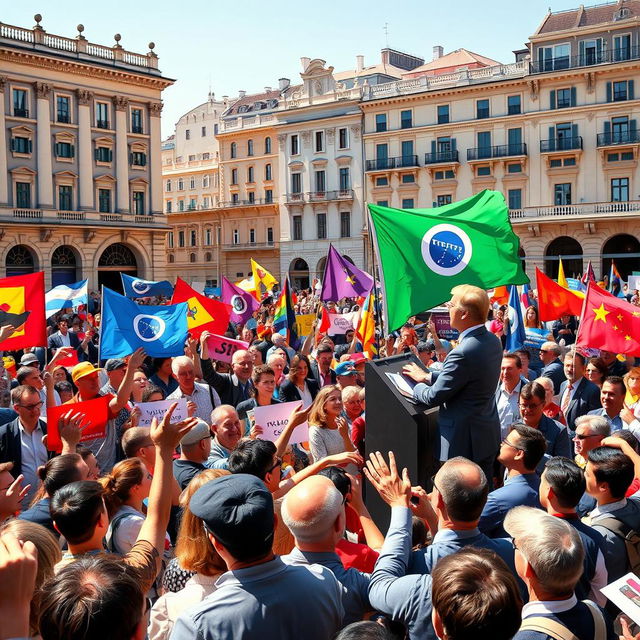 A stunning political rally scene featuring a diverse crowd of supporters holding vibrant banners and flags, with a charismatic politician passionately addressing the audience from a raised podium