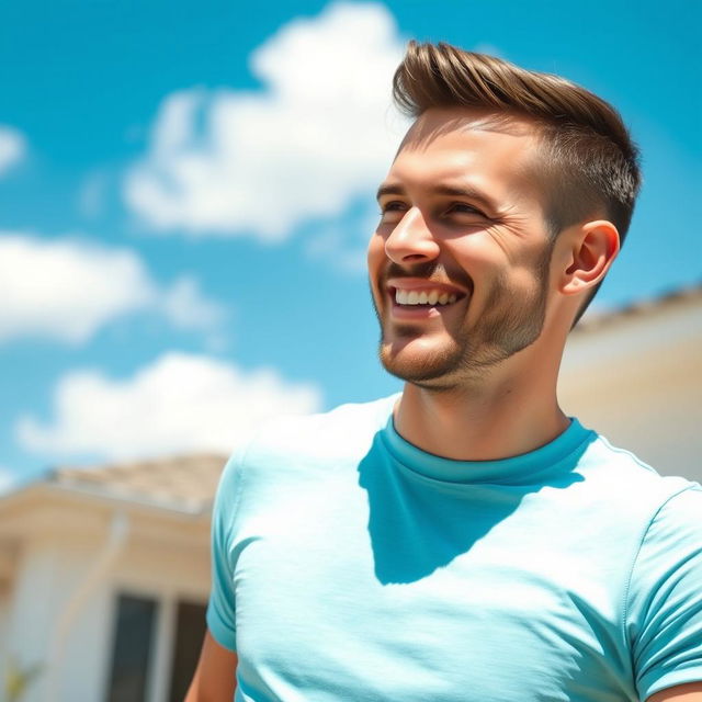 A 35-year-old friendly man outdoors on a sunny day, wearing a light blue t-shirt