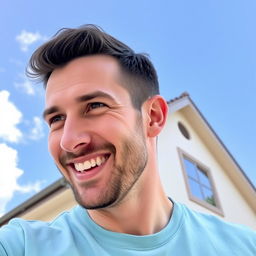 A 35-year-old friendly man outdoors on a sunny day, wearing a light blue t-shirt