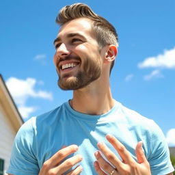 A 35-year-old friendly man outdoors on a sunny day, wearing a light blue t-shirt