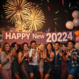 A festive New Year's celebration scene, featuring a elaborate fireworks display lighting up the night sky over a city skyline