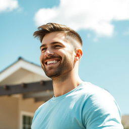 A 30-year-old friendly man outdoors on a sunny day, wearing a light blue t-shirt