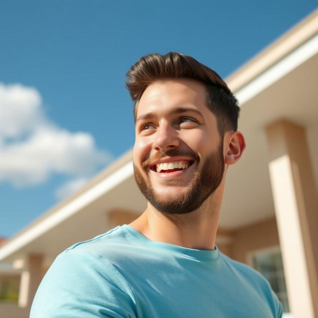 A 30-year-old friendly man outdoors on a sunny day, wearing a light blue t-shirt