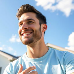 A 30-year-old friendly man outdoors on a sunny day, wearing a light blue t-shirt