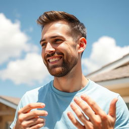 A 30-year-old friendly man outdoors on a sunny day, wearing a light blue t-shirt