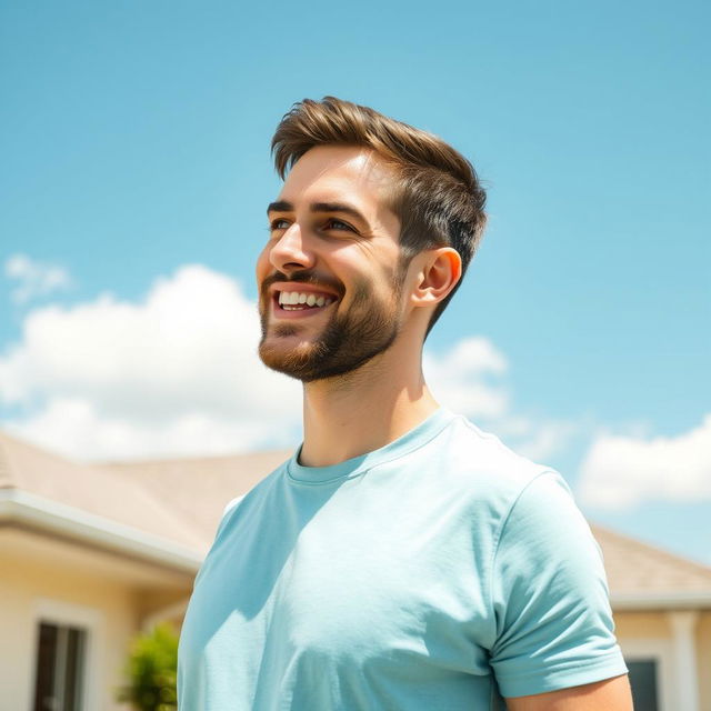 A 30-year-old friendly man outdoors on a sunny day, wearing a light blue t-shirt