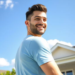 A 30-year-old friendly man outdoors on a sunny day, wearing a light blue t-shirt