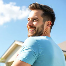 A 30-year-old friendly man outdoors on a sunny day, wearing a light blue t-shirt