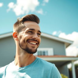 A 30-year-old friendly man outdoors on a sunny day, wearing a light blue t-shirt