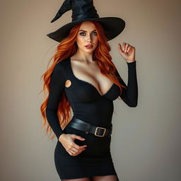 A sexy light-skinned witch with striking red hair, confidently posing in front of the viewer in a seductive manner