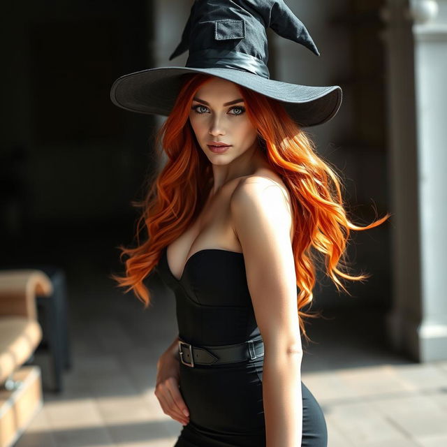 A sexy light-skinned witch with striking red hair, posing confidently in front of the viewer in a captivating and seductive manner