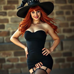 A sexy light-skinned witch with vibrant red hair, posing alluringly in front of the viewer with a captivating smile