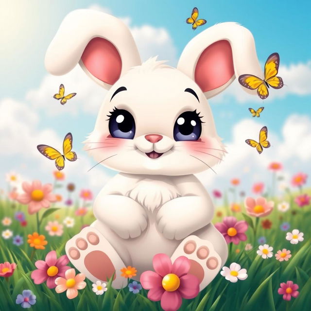 A cute cartoon bunny with big expressive eyes and fluffy white fur, sitting upright in a colorful meadow filled with flowers