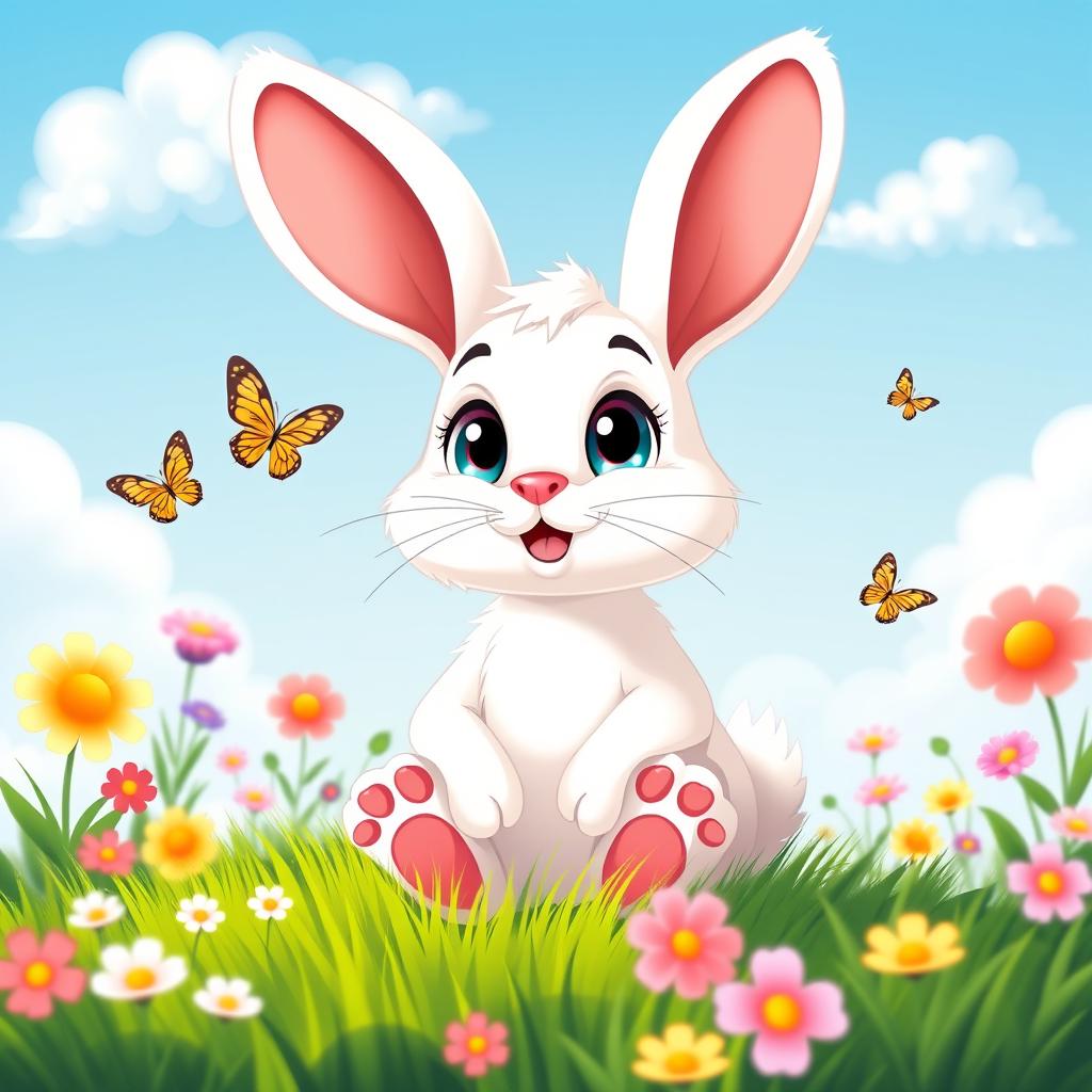 A cute cartoon bunny with big expressive eyes and fluffy white fur, sitting upright in a colorful meadow filled with flowers