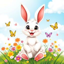 A cute cartoon bunny with big expressive eyes and fluffy white fur, sitting upright in a colorful meadow filled with flowers