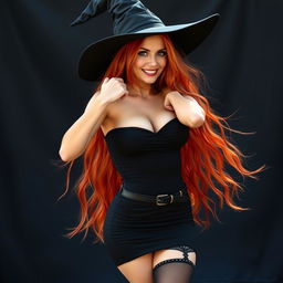 A sexy light-skinned witch with vibrant red hair, striking a confident pose in front of the viewer with an alluring smile