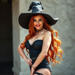 A sexy light-skinned witch with vibrant red hair, striking a confident pose in front of the viewer with an alluring smile