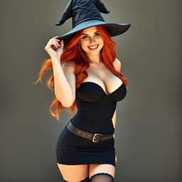 A sexy light-skinned witch with vibrant red hair, presenting a full-body view in front of the viewer with a playful and alluring smile