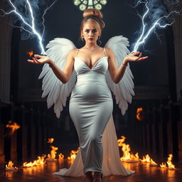 A full-length photograph of a sad yet alluring 18-year-old woman with beautiful blond hair styled in an elegant updo, embodying a mix of sexy, sweet, and innocent qualities