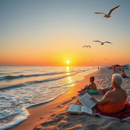 A serene beach landscape at sunset, where the golden sun casts a warm glow over the tranquil waves lapping at the shore