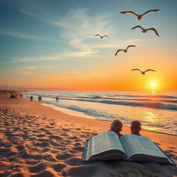 A serene beach landscape at sunset, where the golden sun casts a warm glow over the tranquil waves lapping at the shore