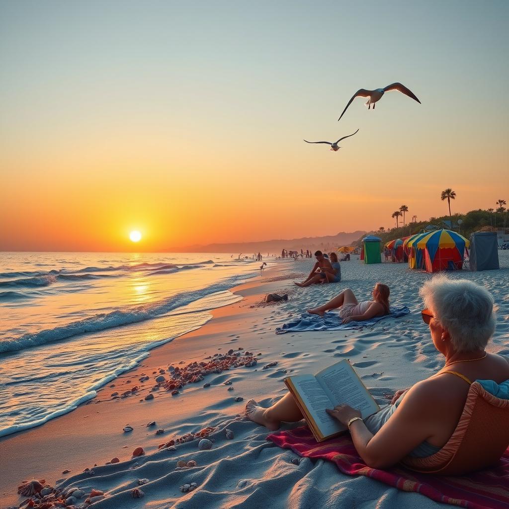 A serene beach landscape at sunset, where the golden sun casts a warm glow over the tranquil waves lapping at the shore