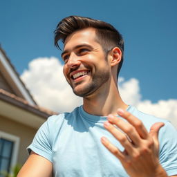 A 35-year-old friendly man outdoors on a sunny day, wearing a light blue t-shirt