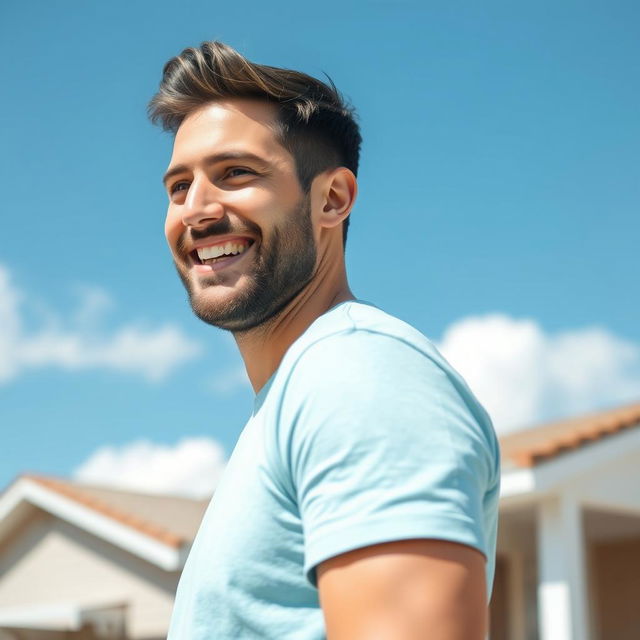 A 35-year-old friendly man outdoors on a sunny day, wearing a light blue t-shirt