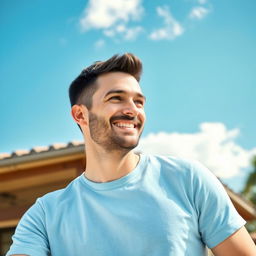 A 35-year-old friendly man outdoors on a sunny day, wearing a light blue t-shirt