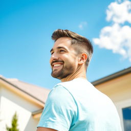 A 35-year-old friendly man outdoors on a sunny day, wearing a light blue t-shirt