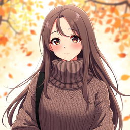 A stylish anime girl wearing a cozy, textured wool turtleneck sweater that features beautiful intricate lines and patterns