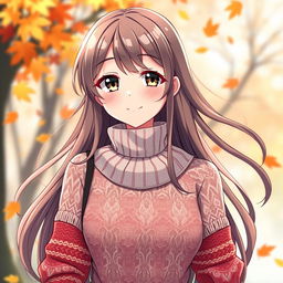 A stylish anime girl wearing a cozy, textured wool turtleneck sweater that features beautiful intricate lines and patterns