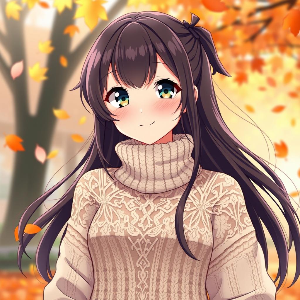 A stylish anime girl wearing a cozy, textured wool turtleneck sweater that features beautiful intricate lines and patterns