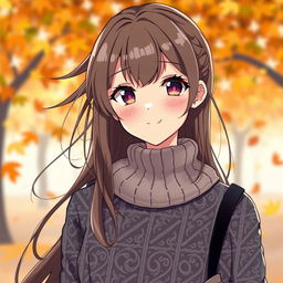 A stylish anime girl wearing a cozy, textured wool turtleneck sweater that features beautiful intricate lines and patterns